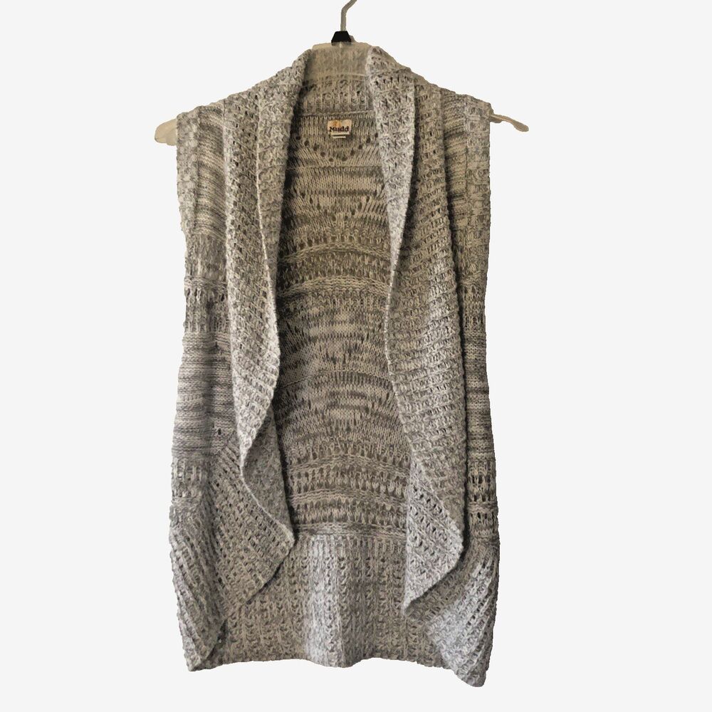 Mudd Sweater Vest Gray Tweed Med Open Front Retro 90s Lightweight Open Weave